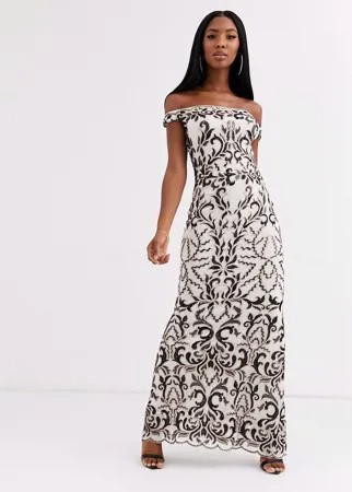 Кремовое платье-бандо макси с рисунком в стиле барокко черного цвета Goddiva-Кремовый