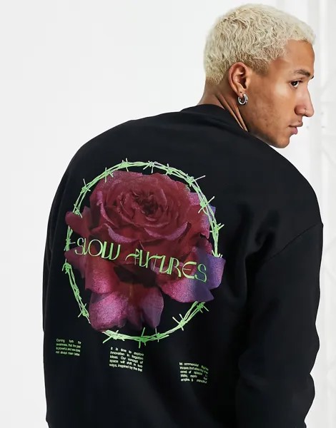 Oversized-свитшот черного цвета с большим цветочным принтом на спине ASOS DESIGN-Черный цвет