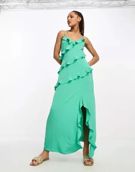 Зеленое атласное платье миди с разрезом по бокам и оборками New Look