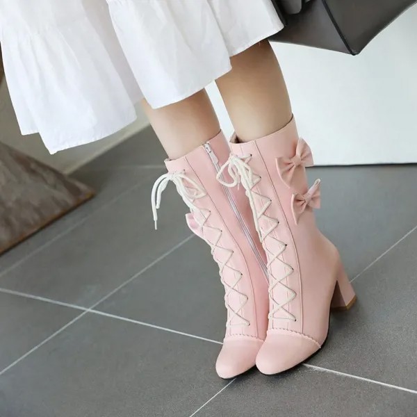 Осень-зима 2020 новые корейские тонкие сапоги женские средние сапоги на толстом каблуке с розовым бантом сапоги для студентов 3897