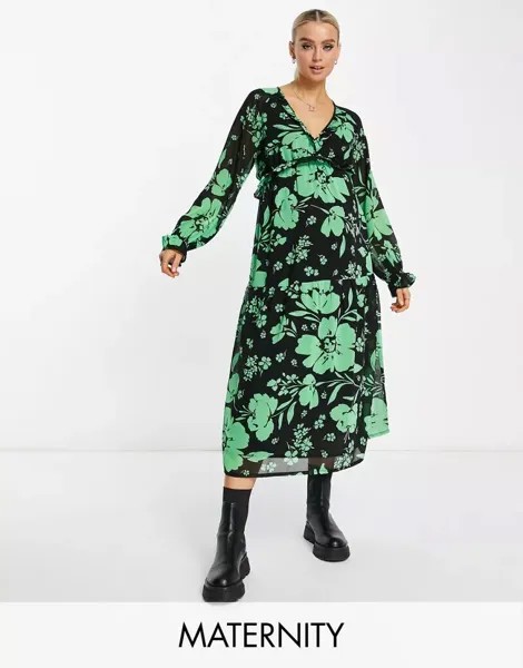Черное воздушное платье миди Wednesday's Girl с V-образным вырезом и зеленым цветочным принтом