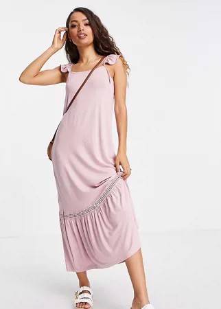 Розовый сарафан макси с оборками на рукавах и кружевными вставками ASOS DESIGN Petite-Розовый цвет