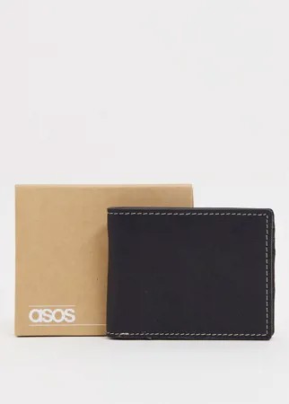 Кожаный бумажник с контрастной строчкой и коричневой подкладкой ASOS DESIGN-Черный цвет