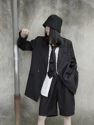 Темно Отдел нишу дизайнер японский двубортное пальто свободного кроя средней длины с длинными рукавами костюм из двух предметов Шорты кост...
