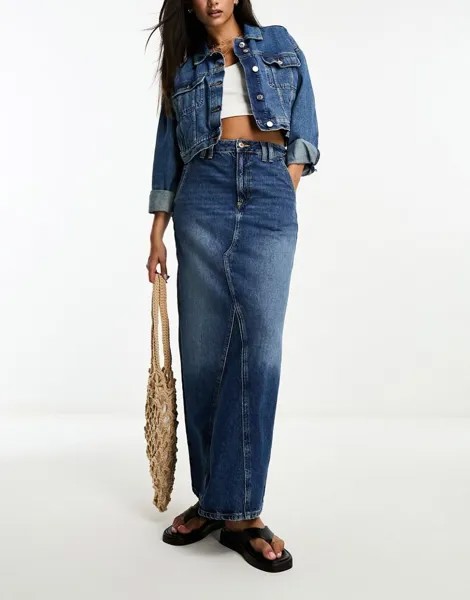 Темная джинсовая юбка макси со швами River Island