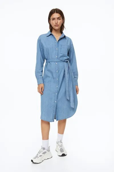 Джинсовое платье-рубашка с завязывающимся поясом H&M, светло-голубой деним
