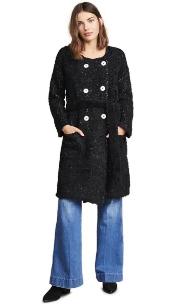Серый JASON WU Черное двубортное пальто-букле с завязкой на поясе, длинное пальто L 10/12