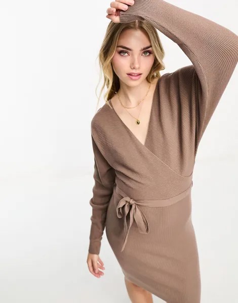 Платье мини Vero Moda Wrap Belted Long Sleeve Knitted, светло-коричневый