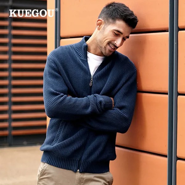 KUEGOU 2022 весенний хлопковый однотонный черный свитер мужской кардиган Повседневный джемпер для мужчин брендовая трикотажная одежда в Корейс...