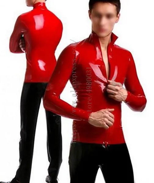 Сексуальные мужские латексные топы ручной работы, обтягивающие пальто с молнией спереди красного цвета, 100%