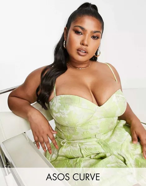 Жаккардовый бралетт с чашечками ASOS LUXE Curve зеленого лайма