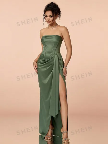 Атласное платье для выпускного вечера со сборками и разрезом до бедра, армейский зеленый
