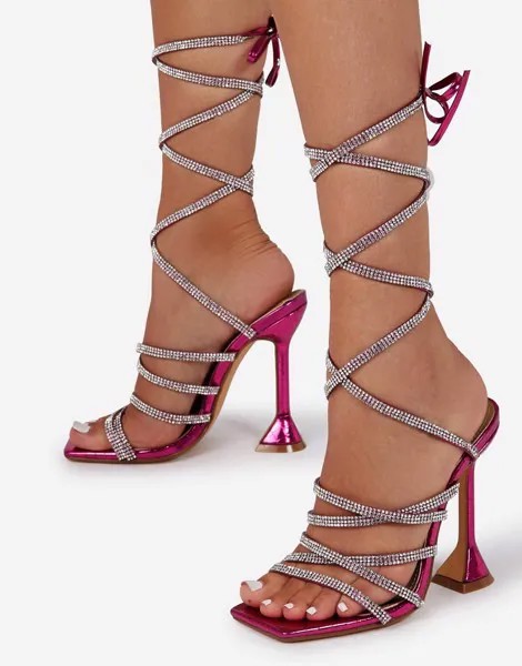 Розовые босоножки на каблуке со стразами на ремешках и отделкой под крокодиловую кожу с эффектом металлик Ego Hasta-Розовый цвет