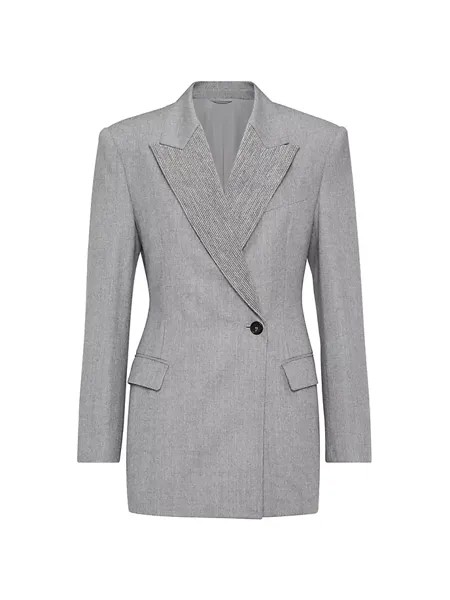 Фланелевой пиджак из натуральной шерсти с лацканами из драгоценного мохера Brunello Cucinelli, серый