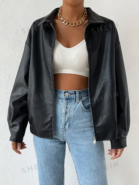 EZwear Укороченная кожаная куртка из искусственной кожи, молния на плечах Shein, черный
