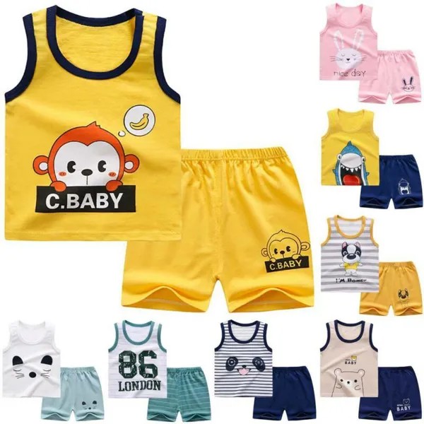 2Pcs/Set Baby Boys Дети Симпатичные Vest T рубашка - Брюки Мультфильм Одежда Костюм