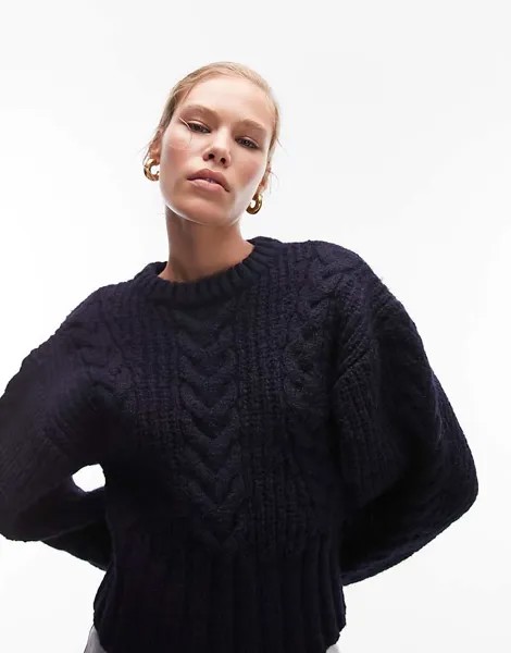 Темно-синий вязаный джемпер премиум-класса с овальными рукавами Topshop