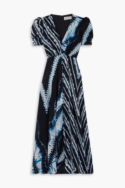 Платье миди из шелкового крепдешина с принтом Lea Saloni, темно-синий
