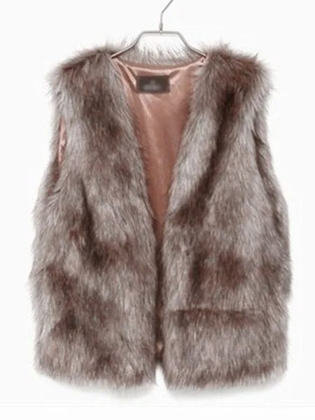 Milanoo Women Faux Fur Vest Camel Coat Sleeveless Faux Fur Jacket