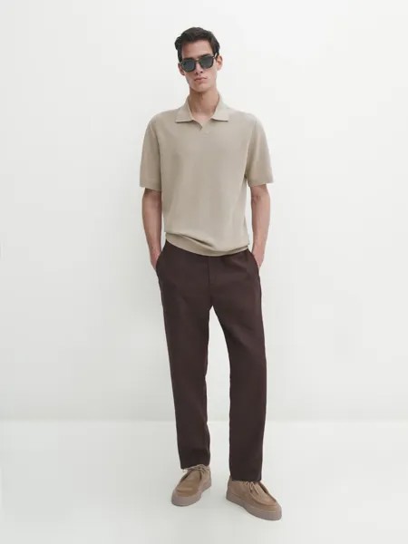 Вязаный свитер-поло с короткими рукавами Massimo Dutti, хаки