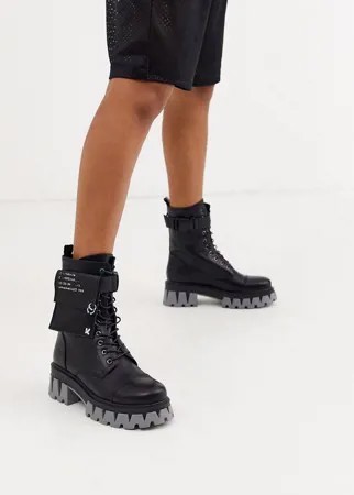 Черные ботинки в стиле милитари из искусственной кожи со шнуровкой на массивной серой подошве Koi Footwear-Черный