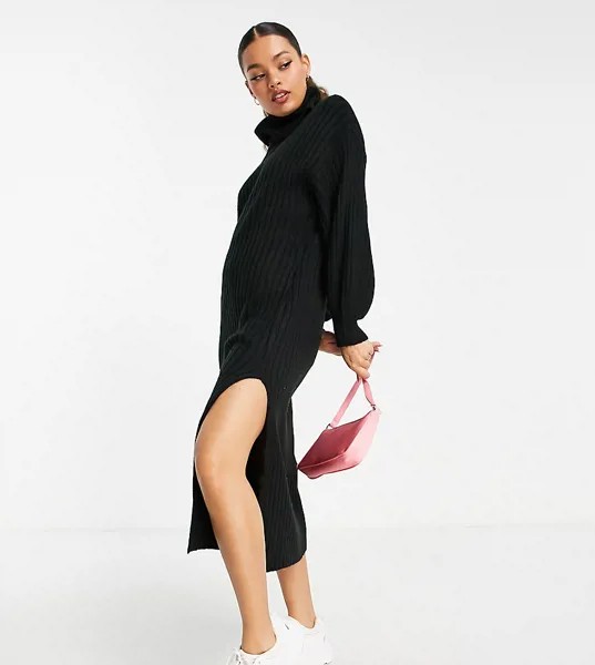 Черное платье миди в рубчик со свободным воротом ASOS DESIGN Petite-Черный цвет