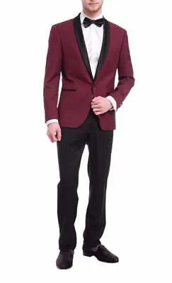 Мужской приталенный бордовый смокинг с 1 пуговицами и лацканами, куртка и брюки