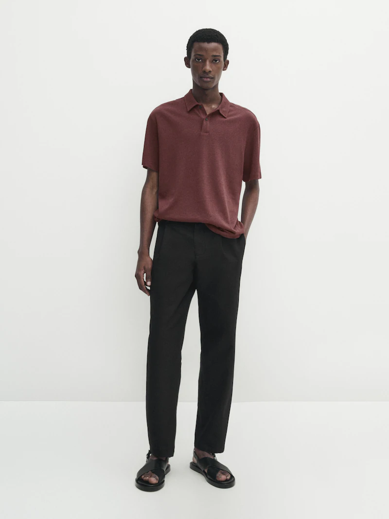 Рубашка-Поло из смесового льна с короткими рукавами Massimo Dutti, бургундия