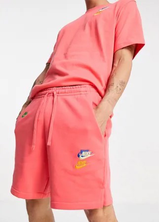 Флисовые шорты кораллового цвета с разноцветным логотипом Nike Essential Fleece+-Оранжевый цвет