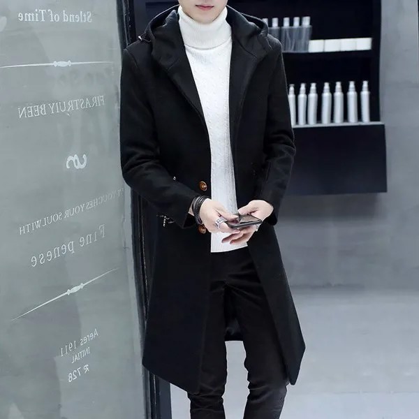 Длинные Модные мужские шерстяные пальто до колен с капюшоном, новинка зимы, корейский однобортный приталенный мужской Тренч с длинным рукавом, женские пальто