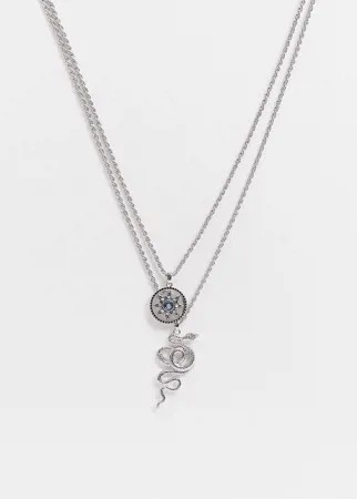 Серебристое многорядное ожерелье с подвесками в форме змеи и круга Topman-Серебристый