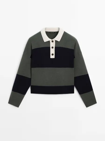 Вязаный свитер с воротником-поло и полосками Massimo Dutti, зеленый