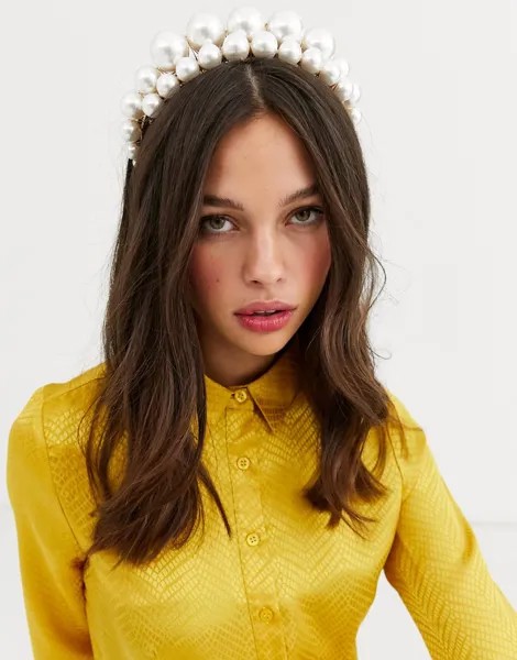 Золотистый ободок с искусственным жемчугом в два ряда ASOS DESIGN-Золотой