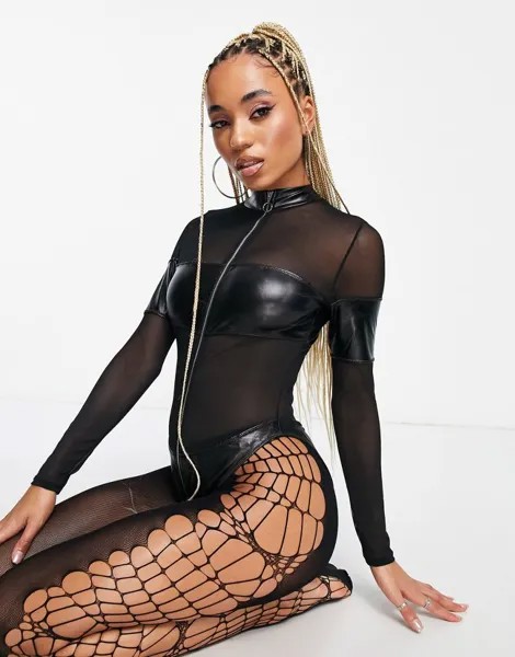 Черный боди с длинными рукавами и молнией из сетки и полиуретана Ann Summers Riot