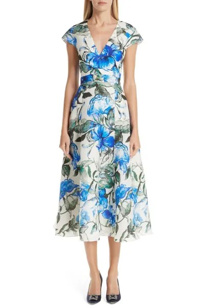 НОВИНКА CAROLINA HERRERA Бело-синее шелковое платье с расклешенным v-образным вырезом и цветочным принтом 4