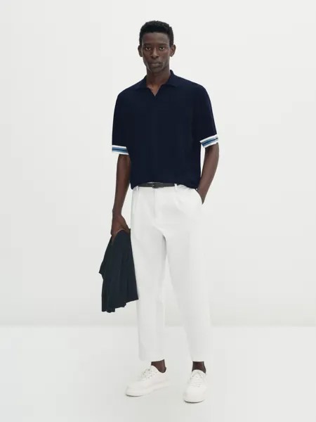 Контрастный свитер поло с короткими рукавами Massimo Dutti, темно-синий
