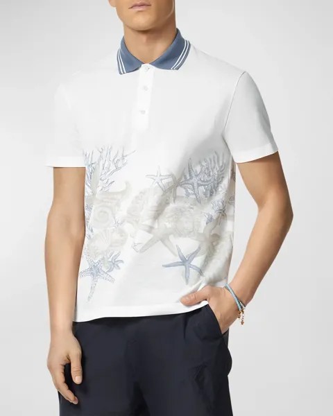 Мужская рубашка-поло пике с праздничным принтом Versace, цвет White  Print