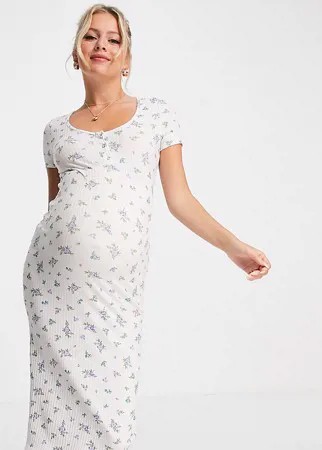 Белое платье миди в рубчик с короткими рукавами и голубым цветочным принтом ASOS DESIGN Maternity-Multi