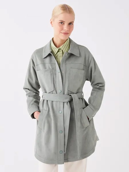 Простое замшевое женское пальто с рубашечным воротником и длинными рукавами LCW Modest, светлый хаки