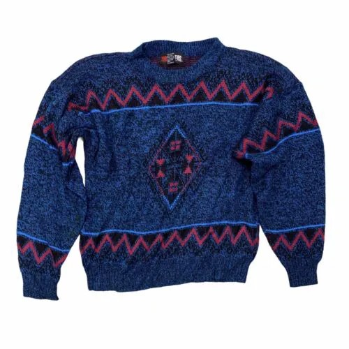 Винтажный вязаный свитер с круглым вырезом размер L Holiday Cosby Pattern Blue Red Сегодняшние новости