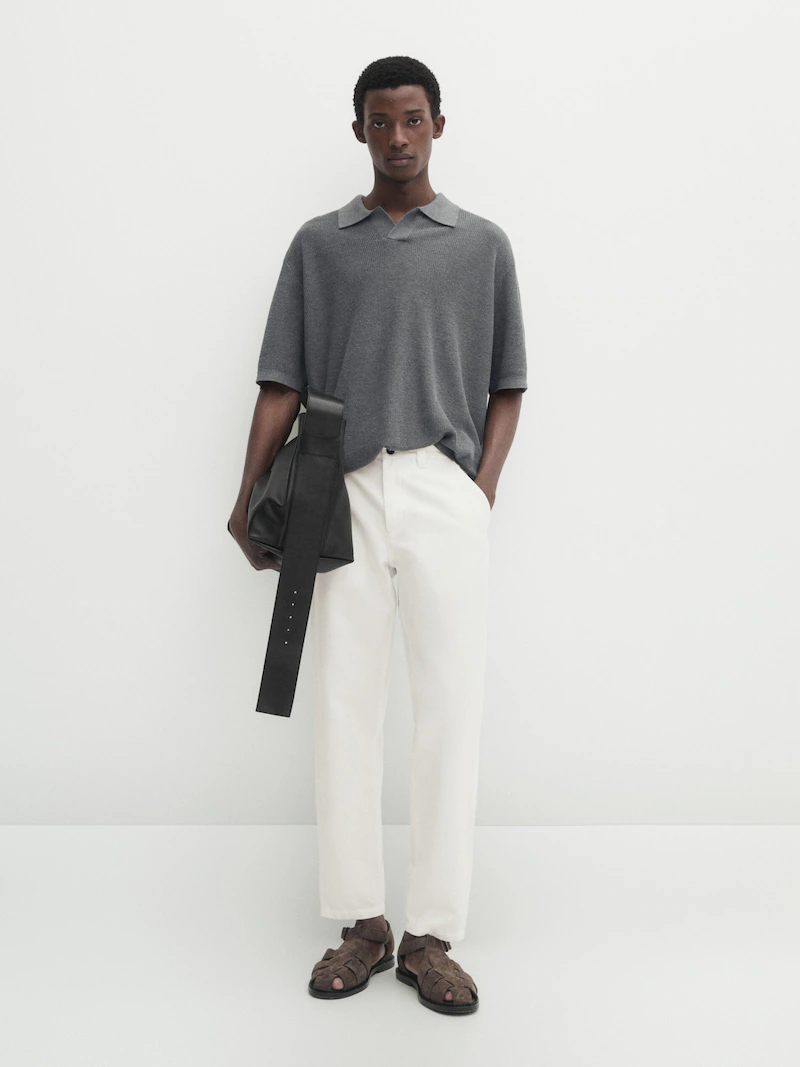 Рубашка-Поло из хлопка и льна Massimo Dutti, синий