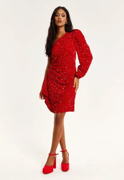 Красное бархатное мини-платье на одно плечо с пайетками Liquorish, красный
