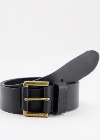 Черный кожаный ремень с золотистой пряжкой с логотипом Polo Ralph Lauren-Черный цвет