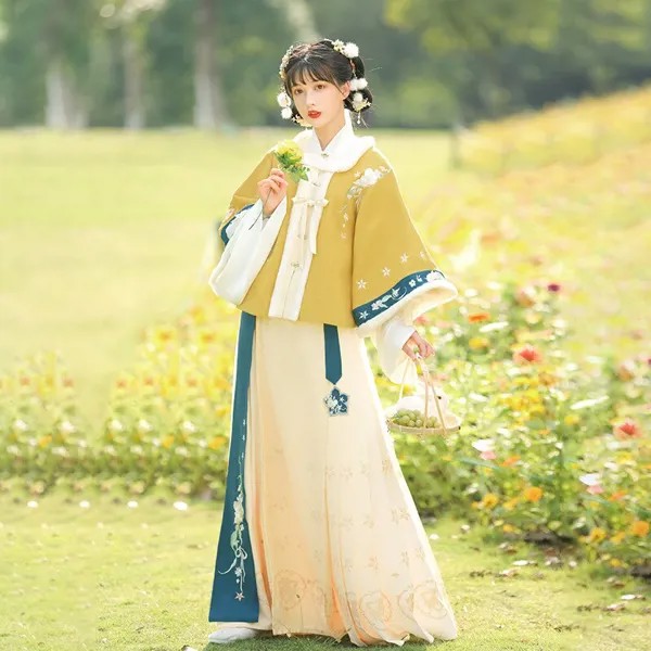 Женское платье ханьфу с вышивкой, оригинальное платье в китайском стиле для весны и осени, традиционный Восточный пушистый костюм-тройка с юбкой