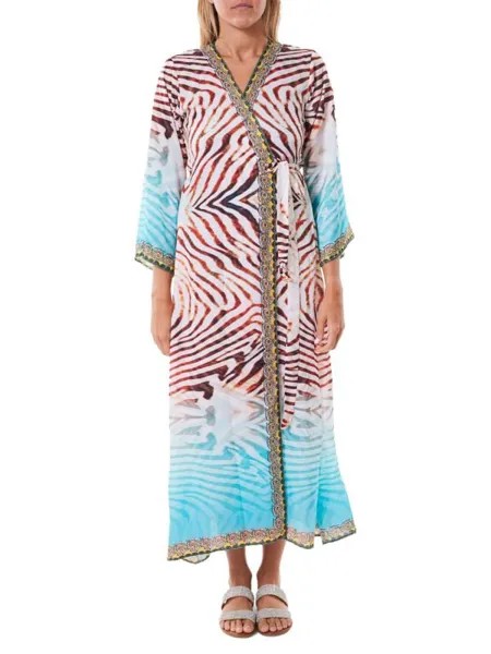 Платье Ranee's пляжное с запахом и принтом зебры, белый/красный/голубой