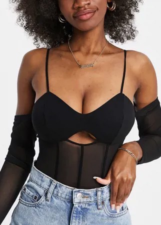 Боди с бралеттом, корсетной вставкой и сетчатыми рукавами ASOS DESIGN Hourglass-Черный цвет
