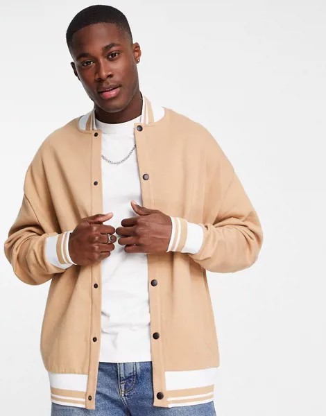 Бежевый трикотажный oversized-бомбер с окантовкой ASOS DESIGN-Светло-бежевый цвет