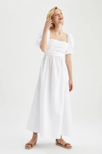 Платье макси из поплина с квадратным вырезом и короткими рукавами-фонариками DeFacto, белый