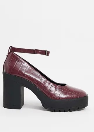 Бордовые туфли с отделкой под кожу крокодила на массивном каблуке London Rebel-Красный