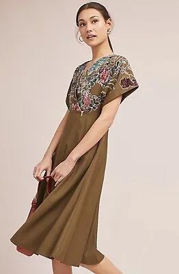 Бархатное платье миди Anthropologie с цветочным принтом оливкового цвета с вышивкой и боковой молнией 6 NWT